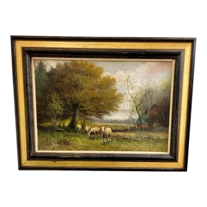 Antique Oil on Canvas Landscape Painting With Sheep by Millrose