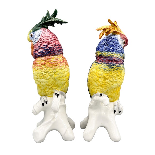Ceramic Pair of Italian Chelsea House Vintage Hand-Painted Ceramic Cockatoo Parrot Figures – Hollywood Regency / Tropical Revival For Sale - Image 7 of 12