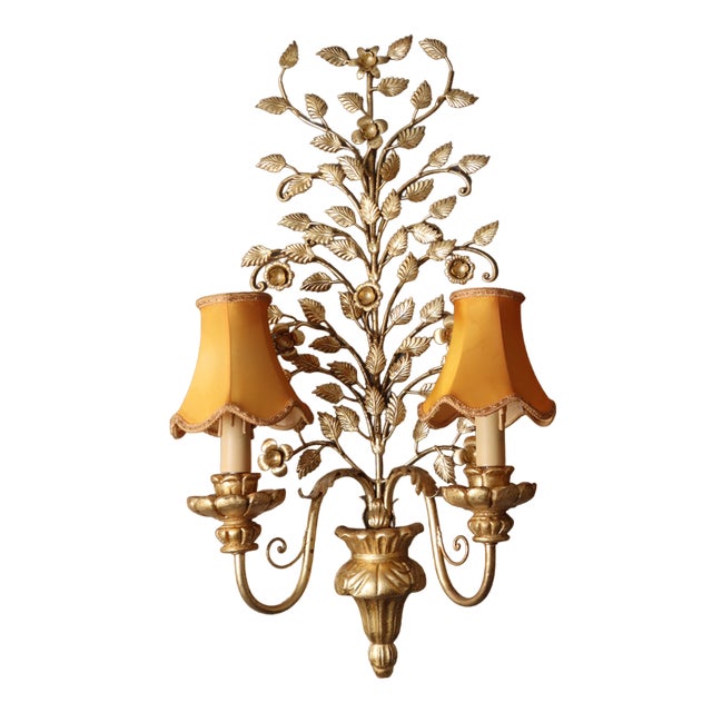 Hollywood Regency Floral Golden Wall Light, Florence, Italy, 1960s For Sale