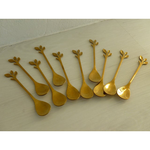 Vintage 1970's Brass Plated Metal Swan Vessel Bowl With !0 Serving Spoons For Sale - Image 10 of 17