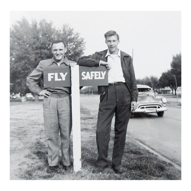 Vintage Snapshot 1950s Pals Fly Safely Quirky Sign For Sale