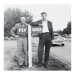 Vintage Snapshot 1950s Pals Fly Safely Quirky Sign
