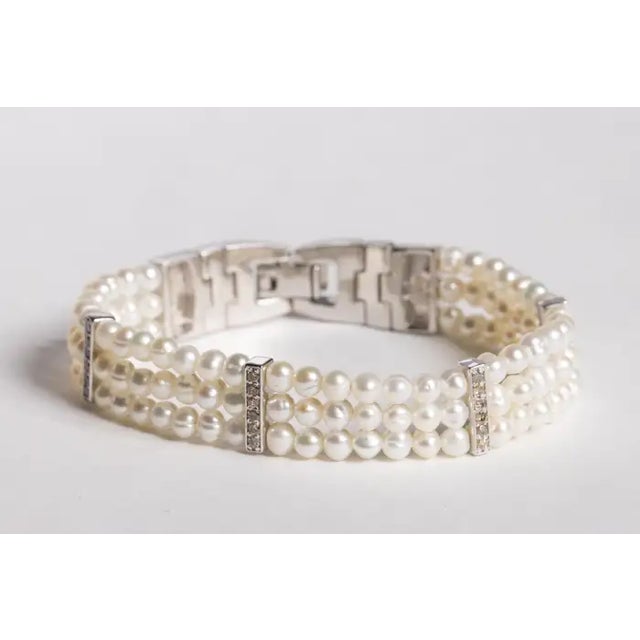 Contemporary 1990s Contemporary Pearl and Diamond Beaded Bracelet, Sterling Silver Clasp For Sale - Image 3 of 7