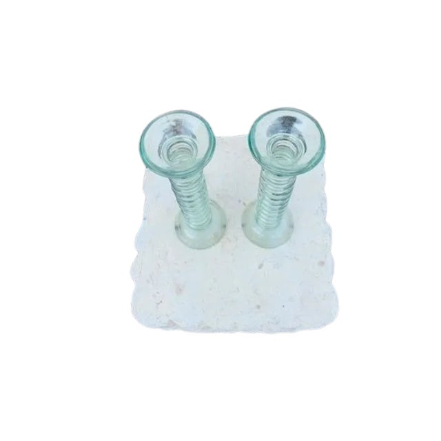Mediterranean ( Set of 2 ) Mediterranean Ribbed Green Glass Candlesticks or Vases For Sale - Image 3 of 3