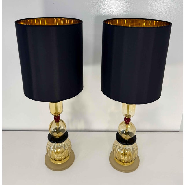 Italian Amber, Burgundy and Black Murano Glass Table Lamps, 2000s, Set of 2 For Sale - Image 11 of 14
