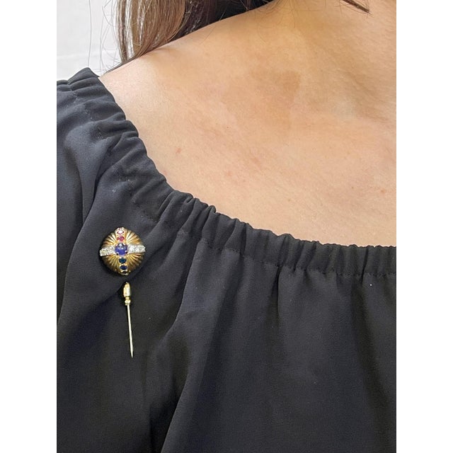 Red 18 Karat Yellow Gold Ruby Sapphire and Diamond Earring and Stick Pin Set Estate For Sale - Image 8 of 8
