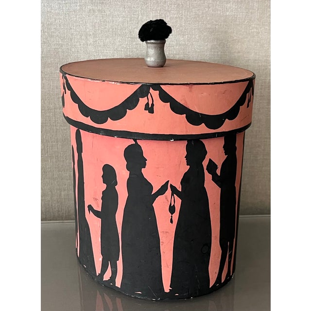 Vintage Oval Wallpaper Box by Atelier of Hudson, New York With Black Regency Silhouettes on a Pink Ground For Sale - Image 17 of 18