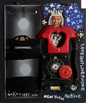 Konstantin Bokov, Love Hot Line Phone, Found Art Collage on Wood, Signed and Dated