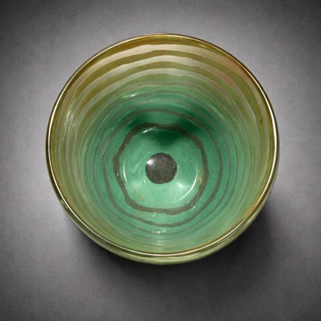 Vintage Hand-Blown Art Glass Vase With Seafoam Green Satin Stripes and Amber Ground – Modern Studio Glass Vessel For Sale - Image 4 of 8