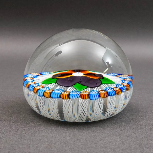 Contemporary John Deacons Scotland 2001 Pansy Millefiori Latticino Art Glass Paperweight For Sale - Image 3 of 9