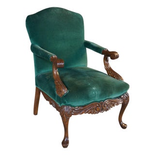Victorian Revival Carved Mahogany Velvet Upholstered Library Reading Armchair For Sale