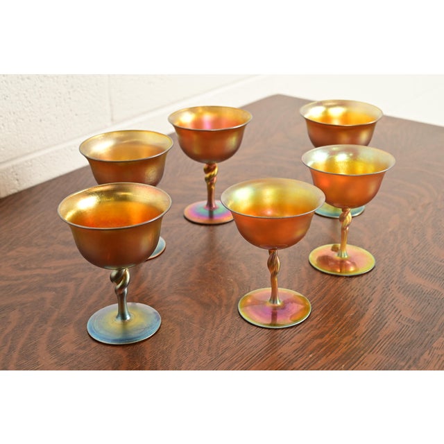 Steuben Glass Steuben Aurene Iridescent Art Glass Goblets, Set of Six For Sale - Image 4 of 9