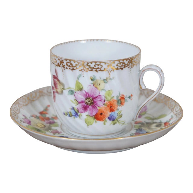 Antique Dresden Blue Crown Polychrome Porcelain Demitasse Saucer Flowers Gilding For Sale