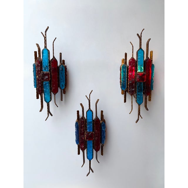 Hammered Glass Wrought Iron Sconces by Longobard, Italy, 1970s, Set of 3 For Sale - Image 11 of 12