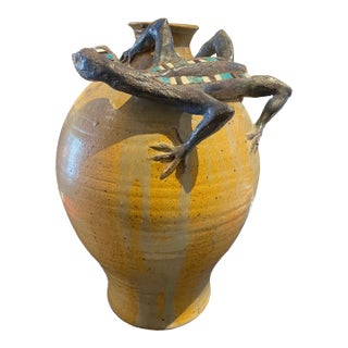 Vintage Ceramic Vase With Stone Inlaid Lizard by Raugh For Sale