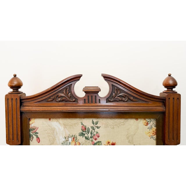 English Vintage English Carved Wood Fire Screen With Floral Tapestry Panel For Sale - Image 3 of 9