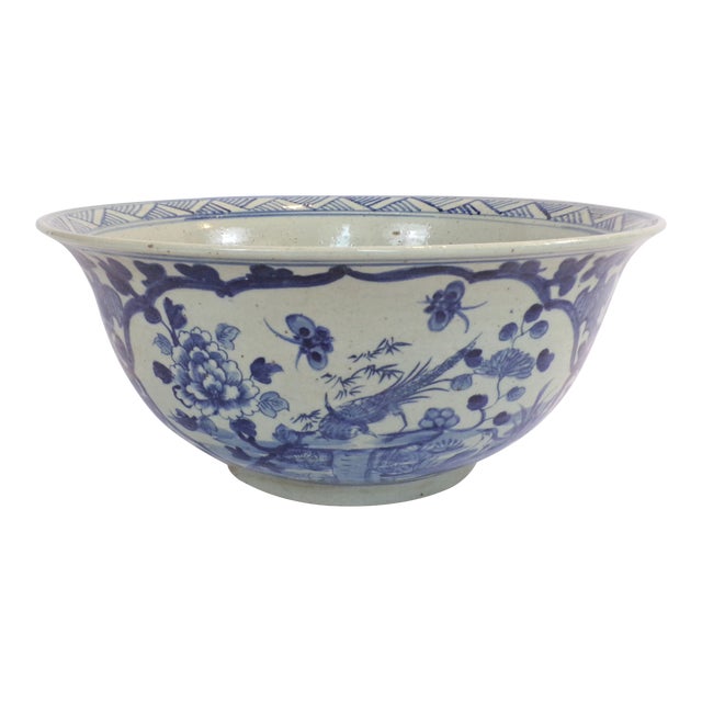 Large Chinoiserie Blue and White Bowl For Sale