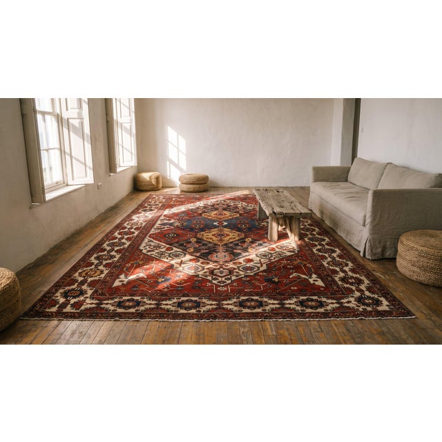 1900s Red Navy Medallion Antique Hand Knotted Persian Bakhtiari Rug 10'2"x16'4" Wool Carpet For Sale - Image 11 of 11