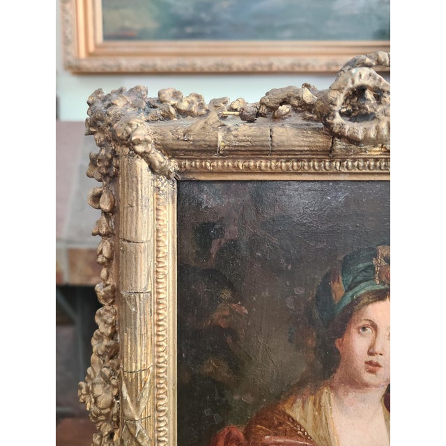 Wood Small Antique Oil Painting Portrait of the Cumaean Sibyl After Domenichino For Sale - Image 7 of 15