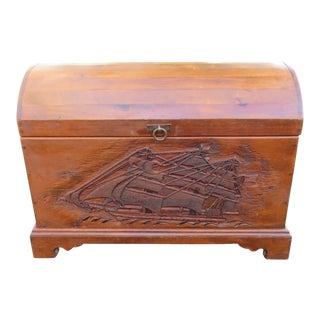 Vintage Hand Carved Ship Dome Top Chest For Sale