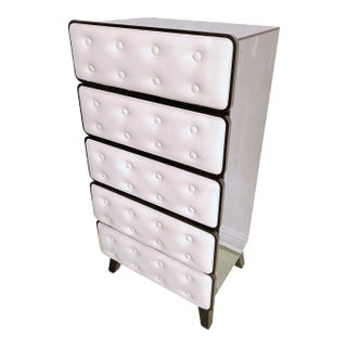 Black Mirrored Dresser With Ivory Leather Front Panels For Sale