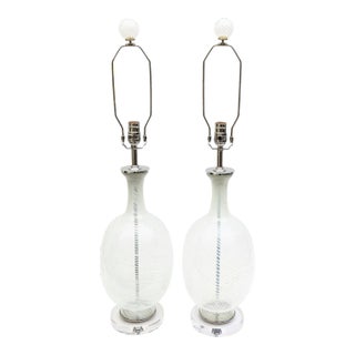 Vintage 60's Murano Aureliano Toso White Swirl and Chrome Glass Lamps With Original Glass Finials Pair Of For Sale