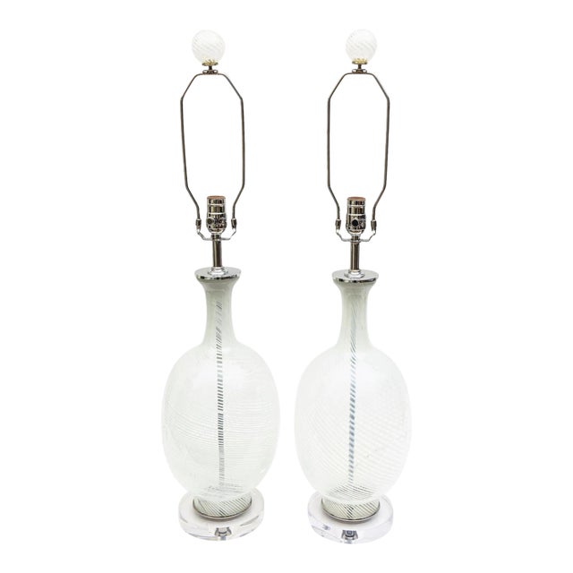 Vintage 60's Murano Aureliano Toso White Swirl and Chrome Glass Lamps With Original Glass Finials Pair Of For Sale