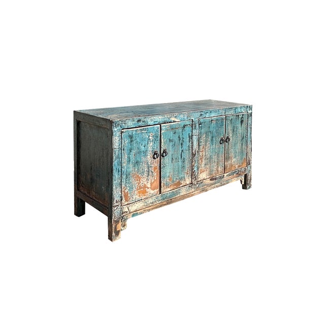 Abstract Distressed Aqua Turquoise Blue Small Low Tv Stand Console Cabinet For Sale - Image 3 of 5