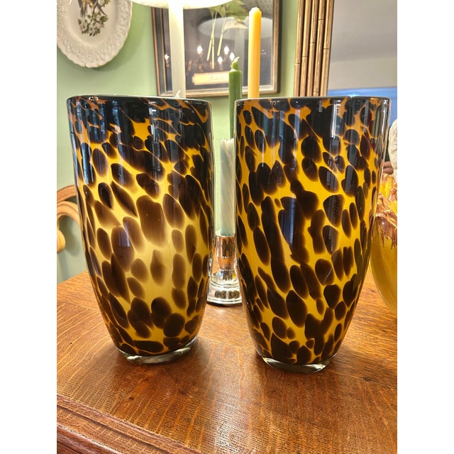 Contemporary Early 21st Century Tortoise Shell or Leopard Layered Glass 12” Vases - A Pair For Sale - Image 3 of 7