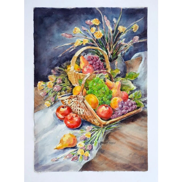 Rustic European Vintage Bountiful Fruit & Flowers Still Life Watercolor Painting For Sale - Image 3 of 4