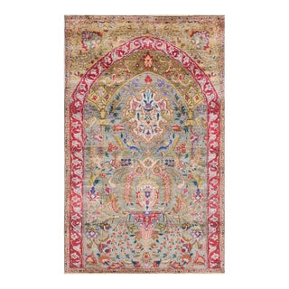 1920s Green Islamic Prayer Antique Persian Tabriz Silk Rug 2' 5" X 3' 8" Knotted Carpet For Sale