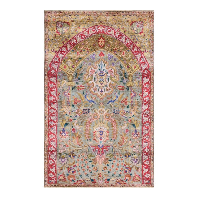 1920s Green Islamic Prayer Antique Persian Tabriz Silk Rug 2' 5" X 3' 8" Knotted Carpet For Sale