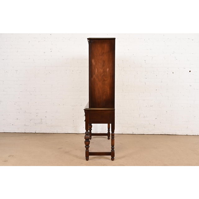 Limbert English Jacobean Carved Walnut and Burl Wood Bookcase or Bar Cabinet, Circa 1920s For Sale - Image 13 of 15