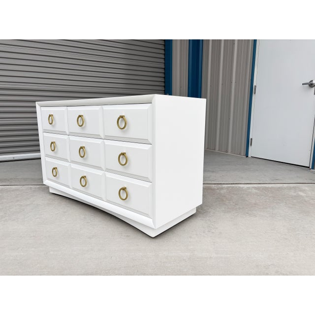 White 1960s Mid-Century White and Brass Nine-Drawer Dresser by t.h. Robsjohn-Gibbings for Widdicomb For Sale - Image 8 of 11
