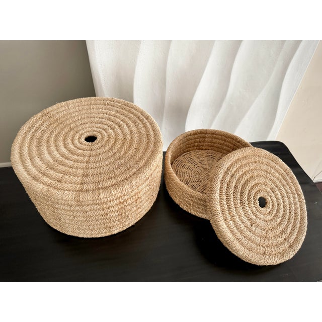 Contemporary Set of 2 Round Woven Nesting Baskets Yvon Organic Modern Medium and Large Abaca Rope Box Set With Lids by Pigeon & Poodle Line by Made Goods For Sale - Image 3 of 12