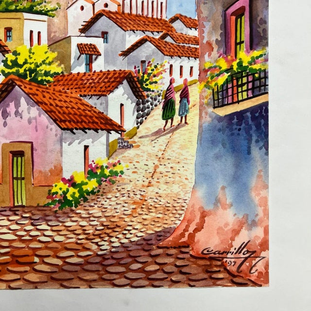 1997 Vintage Art Original Watercolor Cobblestone Village #1 by Carrillo For Sale In San Diego - Image 6 of 8
