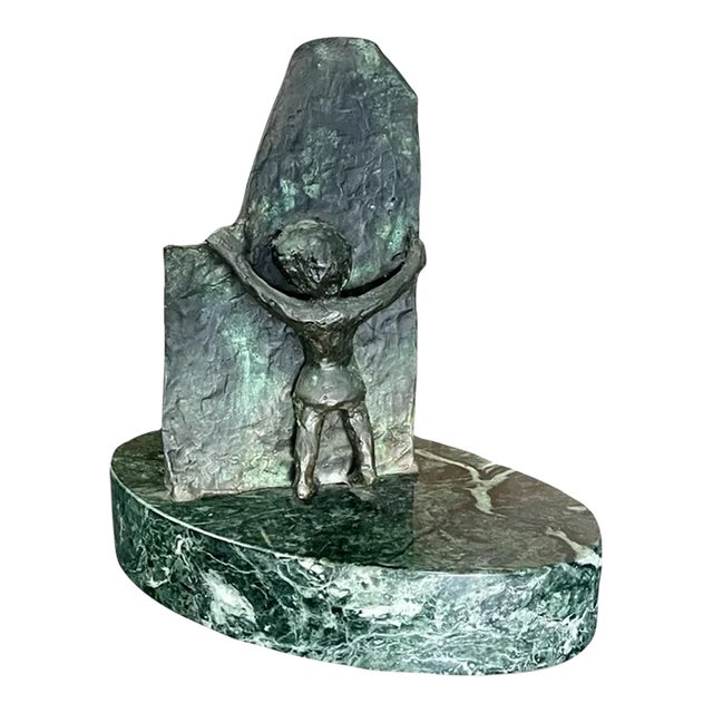 Vintage Marble and Bronze Decorative Sculpture of Boy, Signed Original For Sale