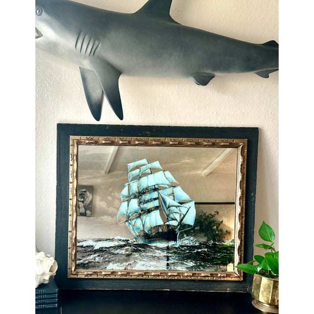 Wood Mid-Century Nautical Mirror With Clipper Ship Artwork | Hoyne Industries / M. Bohdal | Rustic Barn Wood & Gilt Frame For Sale - Image 7 of 12