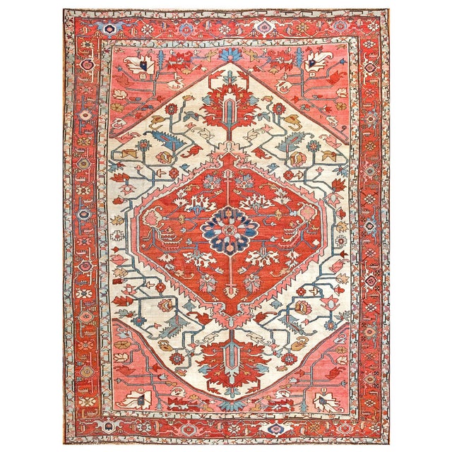 1890s Ivory Red Medallion Antique Persian Heriz Serapi Rug 9'2" X 12'2" Handknotted Wool Carpet For Sale - Image 13 of 13