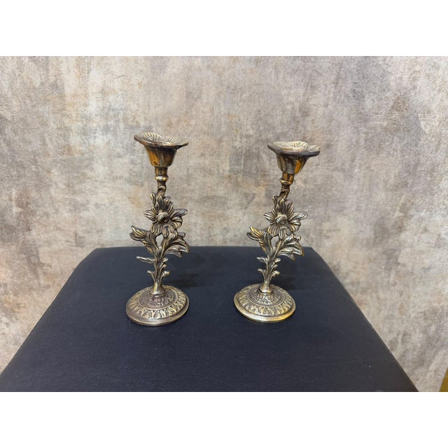 Handmade Antiqued Brass Floral Candlestick Pair For Sale - Image 4 of 8