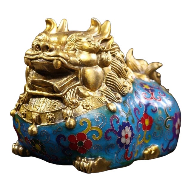 Vintage Cloisonné Enamel Gilt Bronze Pixiu Statue Figure For Sale