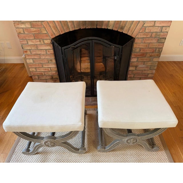 2000 - 2009 Custom French Grey Painted Neo-Classic X-Style Benches, a Pair For Sale - Image 5 of 14