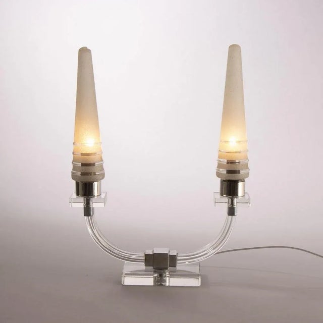 Glass Art Deco Twin Candelabra Lamp with Original Glass Shades from Adnet, 1920s For Sale - Image 7 of 8