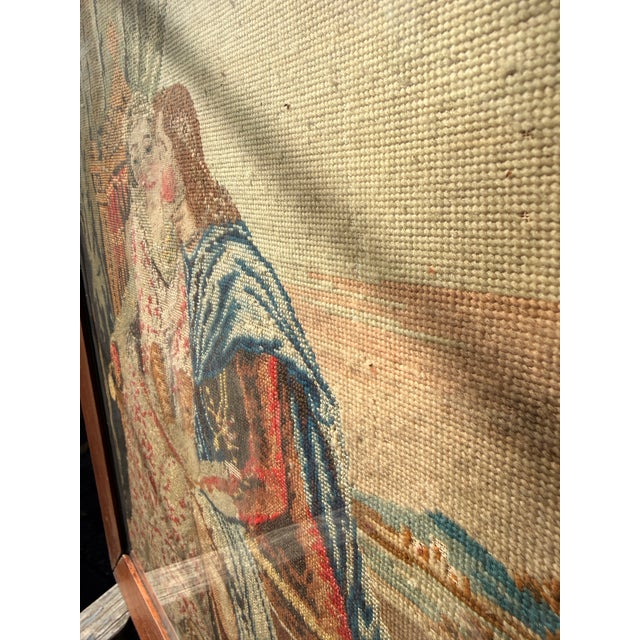 Rustic Antique 19th C. Framed Woolwork Needlepoint - Romantic Courtly Galant Scene For Sale - Image 3 of 12