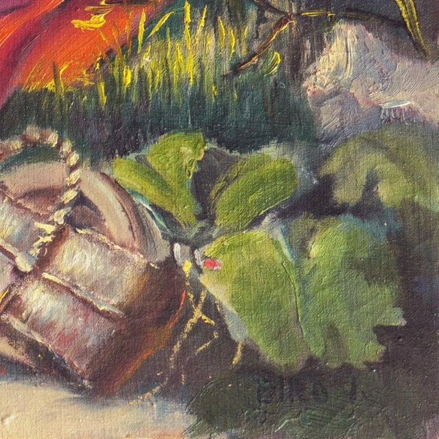 An early-20th-century figural study showing a finely dressed young woman seated in the countryside and admiring her...