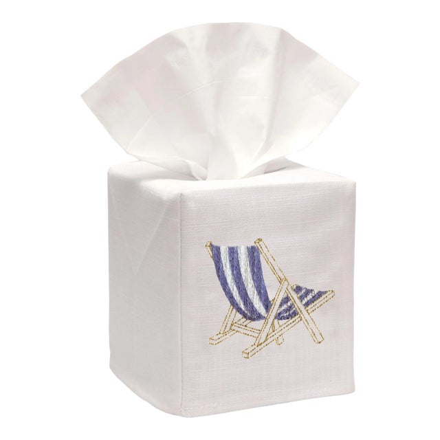 Blue Deck Chair Tissue Box Cover White Linen & Cotton, Embroidered For Sale