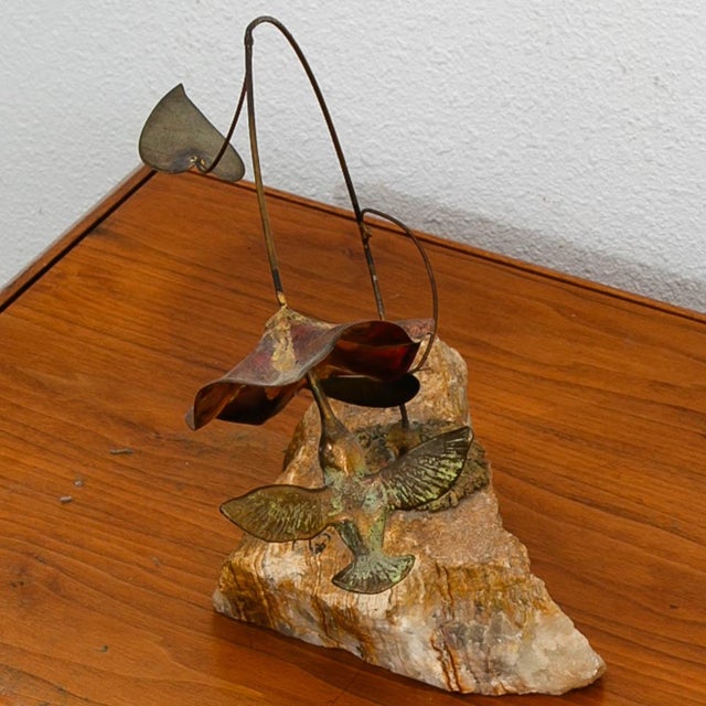 Metal 1960s Mid Century Modern Brass Metal Humming Bird and Flower Statue by Unknown Artist For Sale - Image 7 of 12