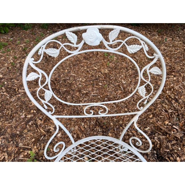 1940s Vintage Woodard Chantilly Rose Wrought Iron Side Chairs — Set of 3 | Original White / Grey Paint | Stamped Maker’s Mark For Sale - Image 5 of 12