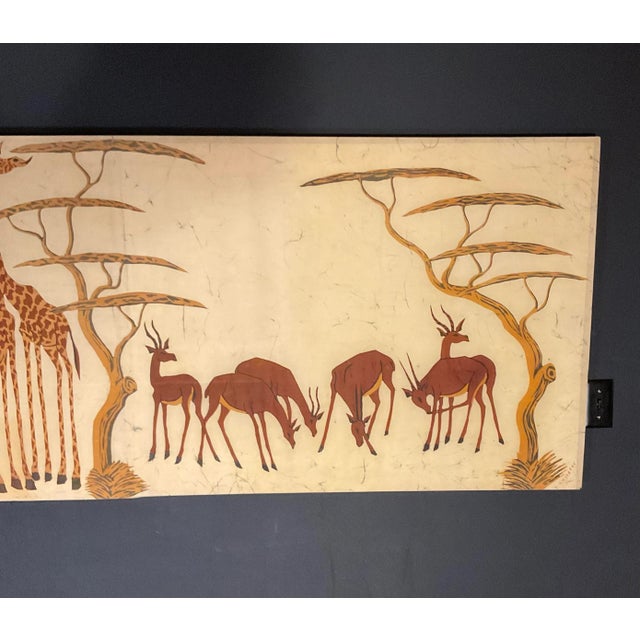 Tan Vintage Large African Batik on Stretcher Artist Signed Wall Art Giraffes and Kudus For Sale - Image 8 of 13