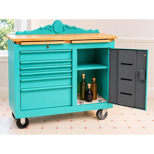 Art Deco Vintage Industrial Rolling Kitchen Island / Butcher Block Cart – Teal For Sale - Image 3 of 5